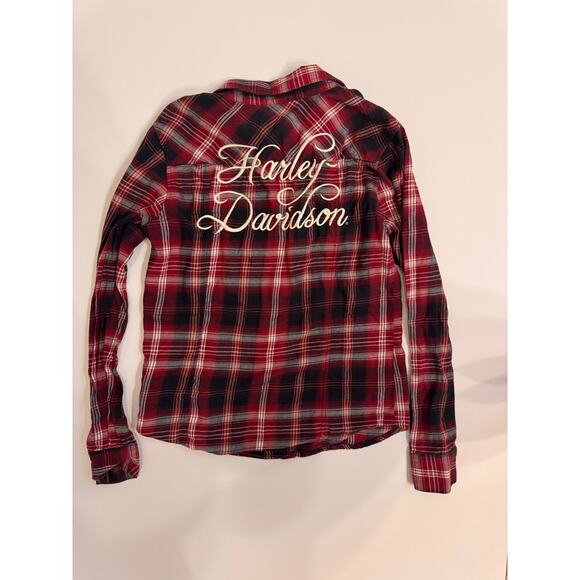 Women's Harley Davidson Red Plaid Flannel Snap Up Shirt Studded Size M Embroider - Picture 2 of 7